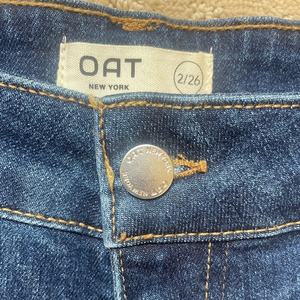 OAT‎ New York High Rise Wide Leg Denim Trouser, Rhinestone Detail, Raw Hem, Sz 2 - Picture 9 of 16